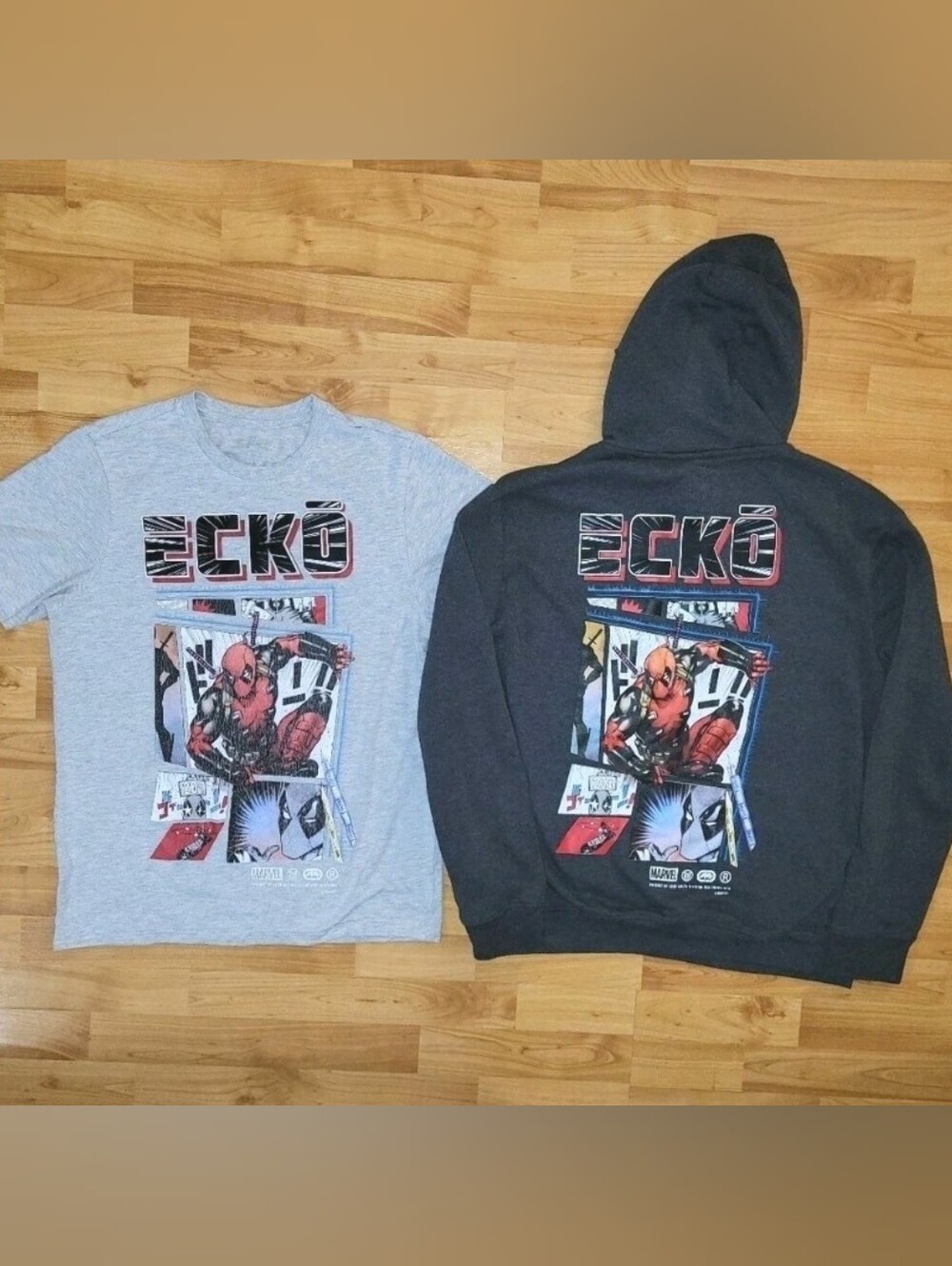 Marvel X Ecko Collab Bundle: Deadpool Gray Graphic Tee + Dark Gray Hoodie, Large
